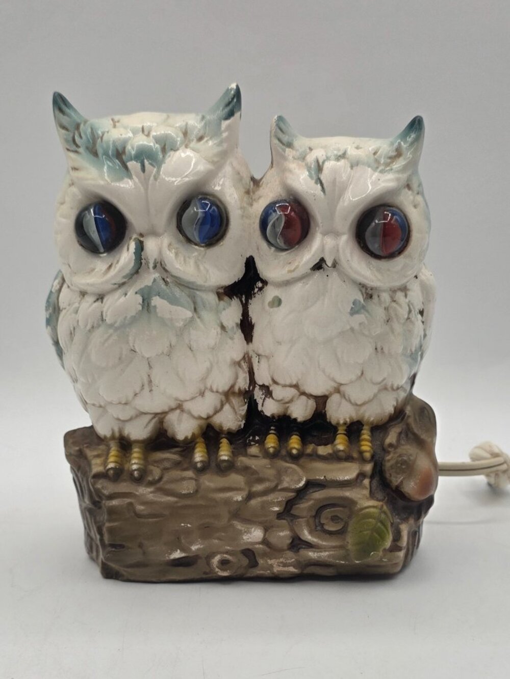 Vintage Ceramic Two Owls Night Light Pair Cat Eye Marble Eyes Woodland Log Decor
